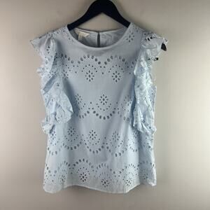 ADIVA Top S Eyelet Blouse Flutter Sleeve Boho Cotton Blue NWT